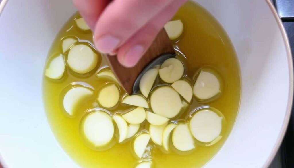 Add your sliced garlic to the oil stirring freque