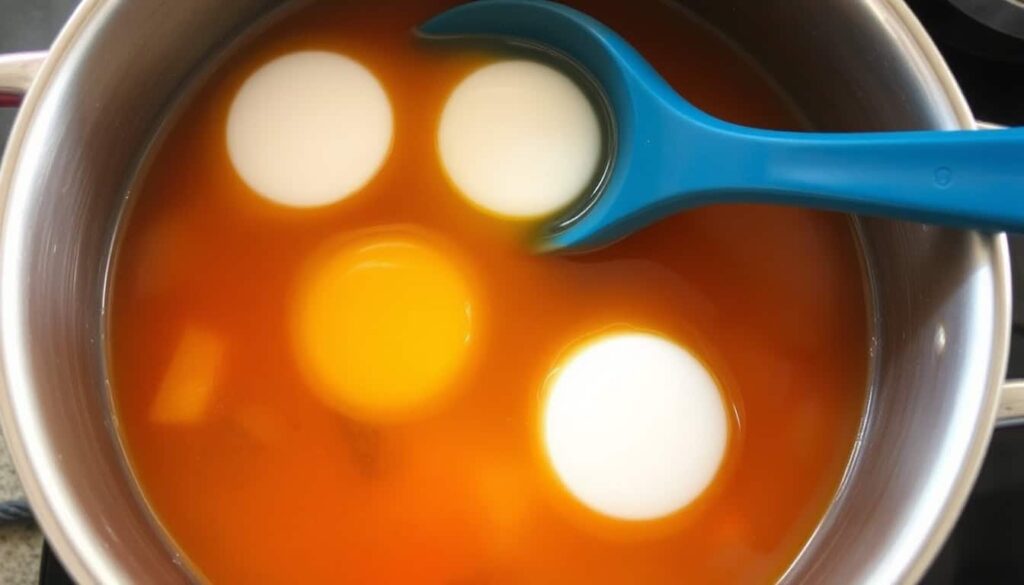 Crack the eggs directly into the simmering soup