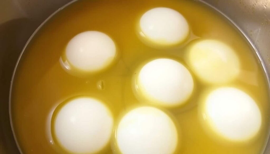 Crack the eggs one at a time into the simmering