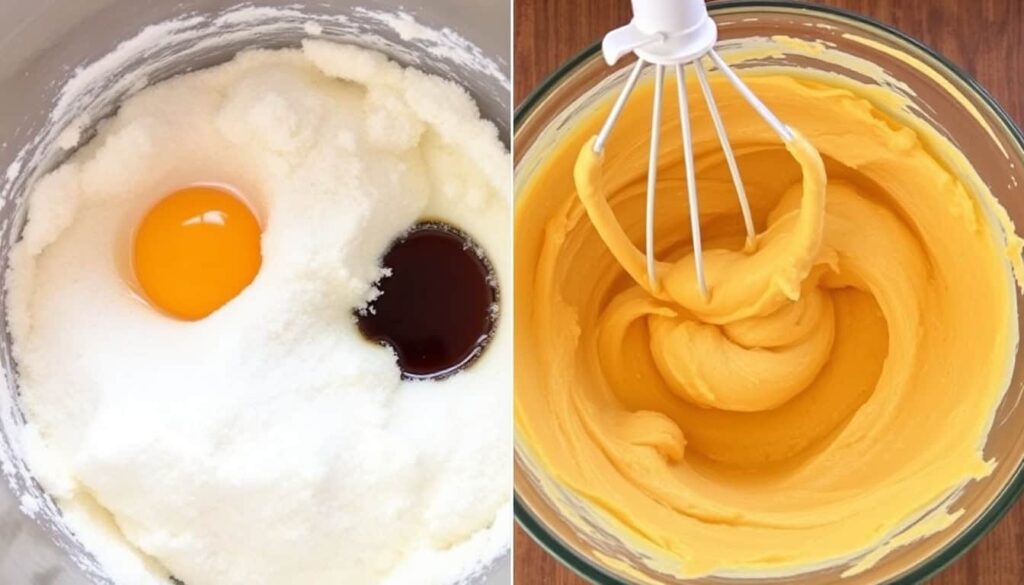 Cream the butter and sugar in a another bowl until they are light and creamy. Add the egg vanilla extract and pumpkin puree mixing until smooth