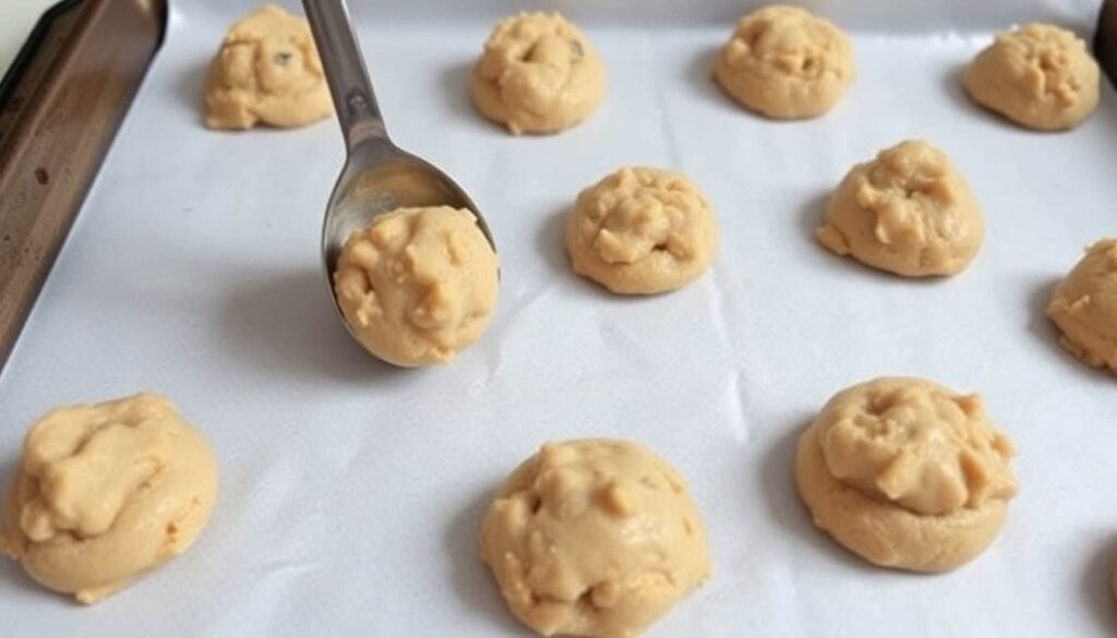 Drop rounded tablespoons of dough onto a lined baking sheet. Leave space between each cookie as they will spread. You can use a cookie scoop for uniform sizes