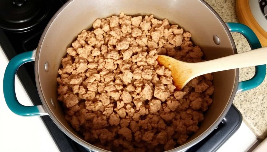 Heat a large pot over medium heat. Add the ground beef and cook until browned breaking up any large chunks as it cooks. This is the base of Melanies Chili so make sure the meat is well browned