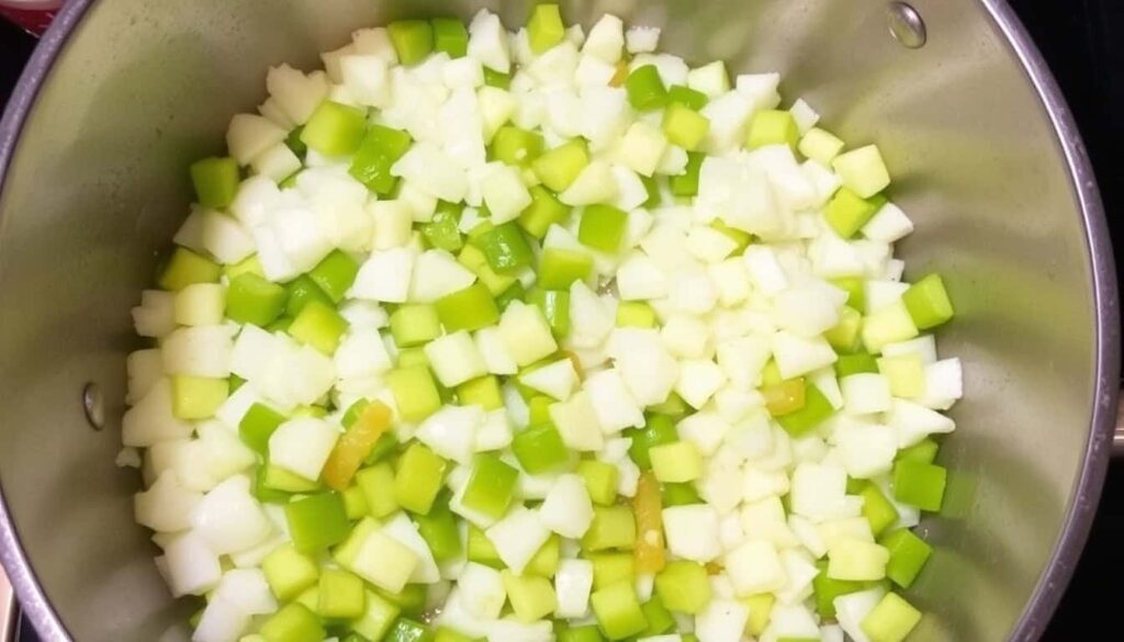 In a large pot add a splash of oil and heat on medium. Add the chopped onion bell pepper and celery cooking until theyre soft and fragrant