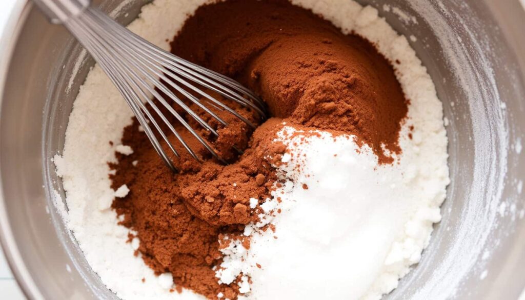 Mix the flour baking soda cocoa powder and salt in a big bowl. Whisk everything until evenly mixed and smooth