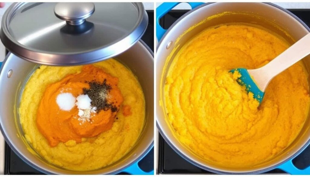 Once the polenta thickens stir in the pumpkin pur