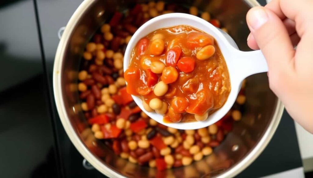 Pour in the red kidney beans pinto beans diced tomatoes and tomato sauce. Stir everything together so the ingredients start to mingle