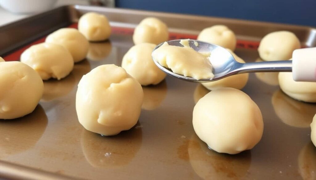 Roll the dough into little balls after scooping it by the tablespoon. Place them on your prepared baking sheets leaving an inch of space between each