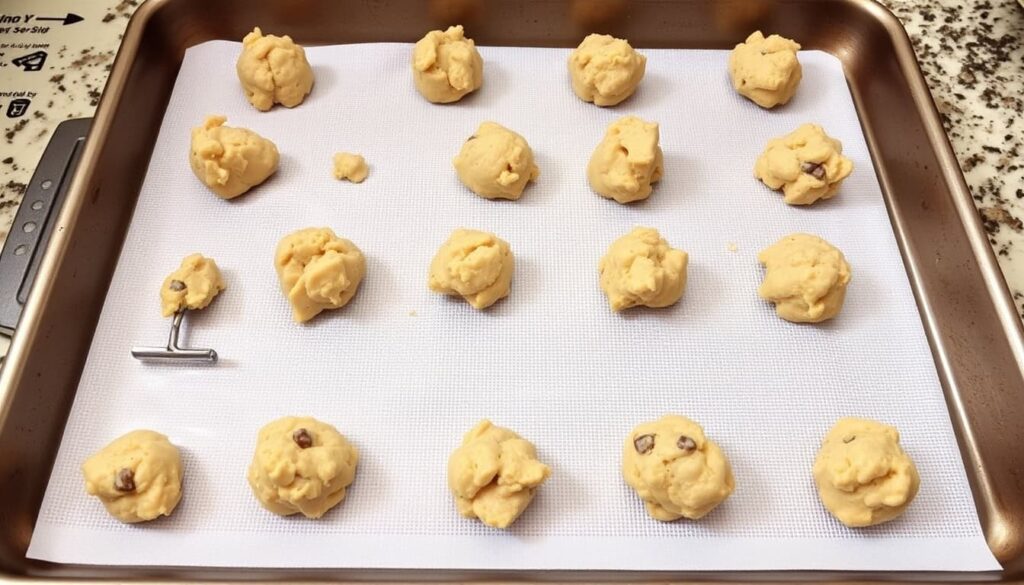 Scoop tablespoon sized amounts of dough onto the prepared baking sheet spacing them about two inches apart.