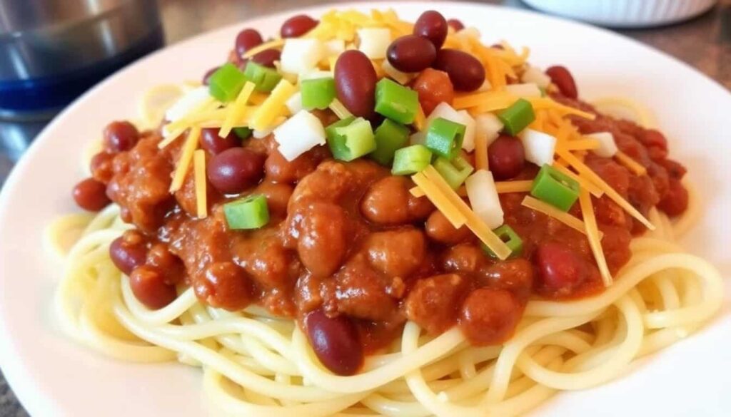 Serve the chili in true Cincinnati style overcooked spaghetti with plenty of toppings like shredded cheese