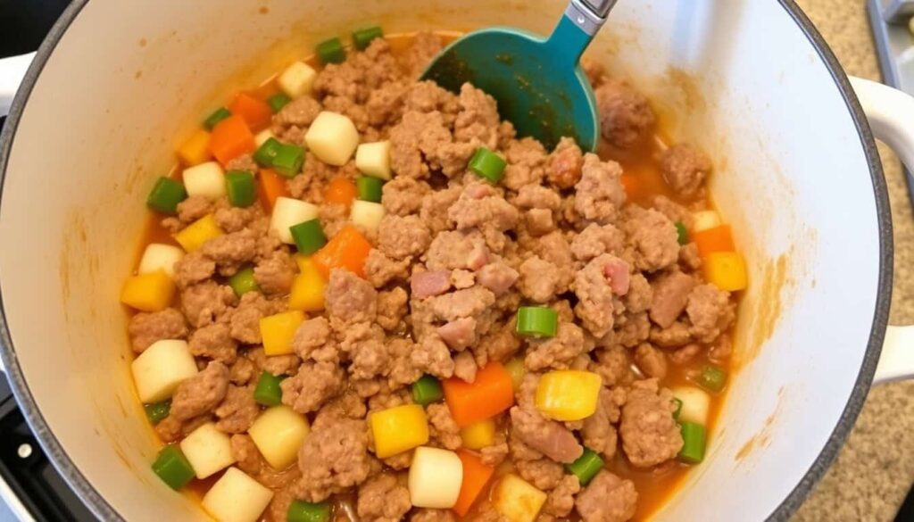 Stir in the chopped cooked ground beef. Let it simmer for a few minutes to blend with the vegetables enhancing the chilis base flavor