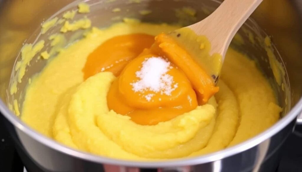 Stir the pumpkin puree and salt into the polenta mixing until smooth