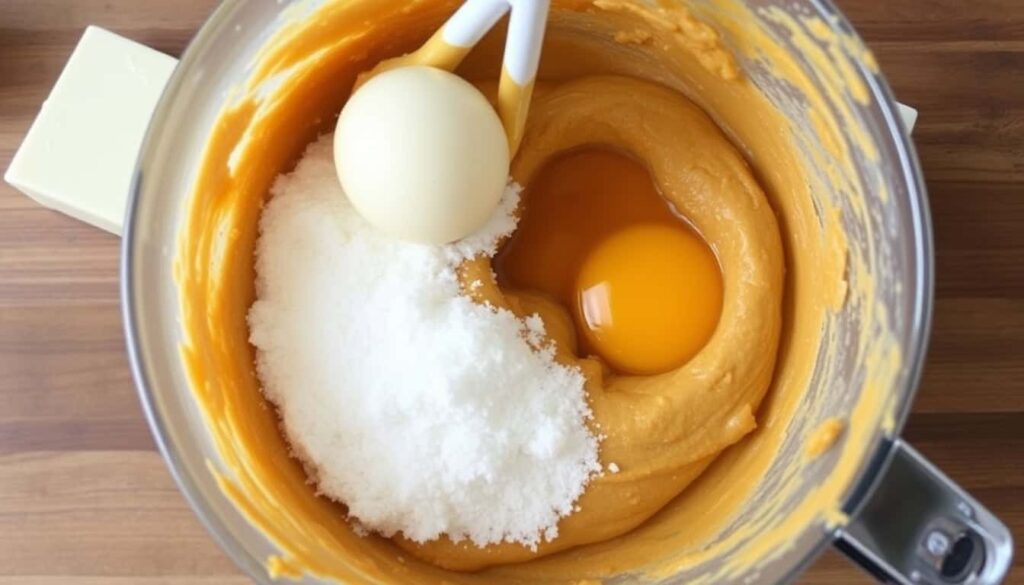 To the butter sugar mixture add the egg pumpkin puree and vanilla essence. Mix well until everything is combined.